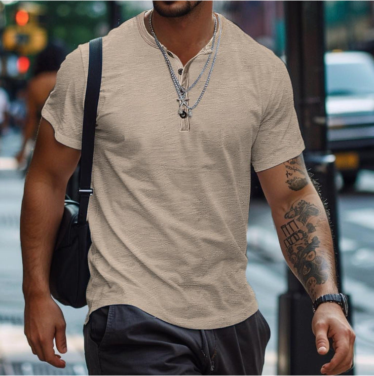 Men's Textured Button Neck Relaxed Fit Short Sleeve Polo