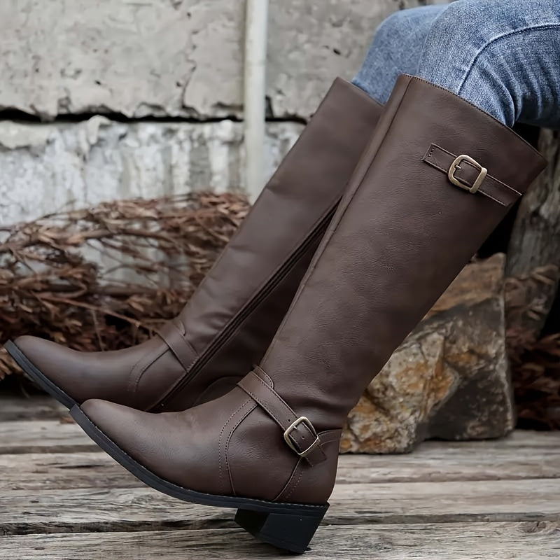 Women's Knee High Leather-Look Buckle Boots