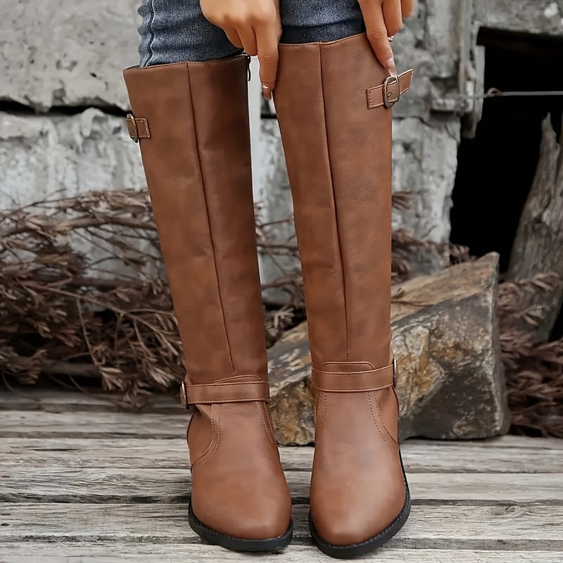 Women's Knee High Leather-Look Buckle Boots