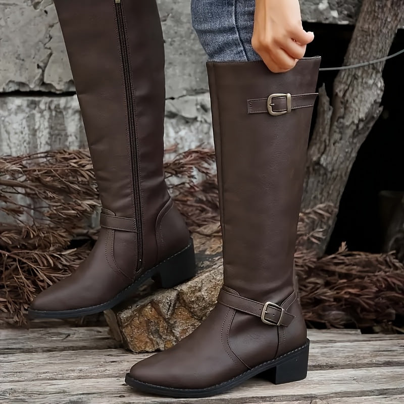 Women's Knee High Leather-Look Buckle Boots