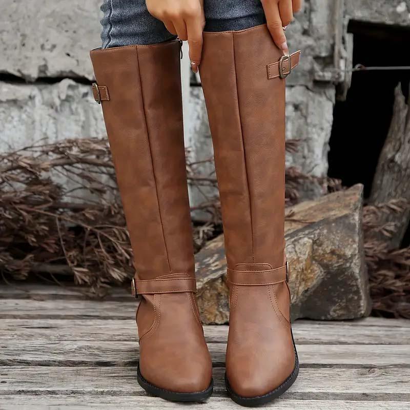 Women's Knee High Leather-Look Buckle Boots
