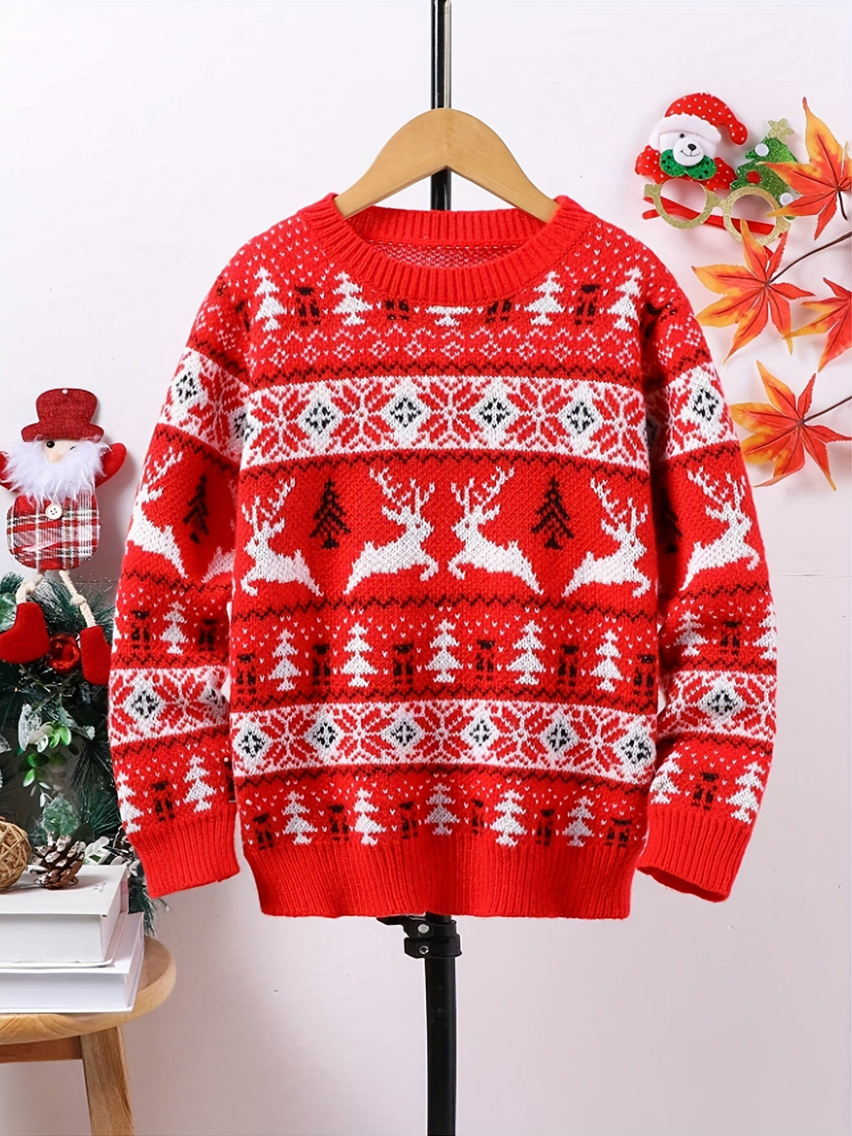 Women's Red Reindeer and Pine Tree Holiday Knit Sweater