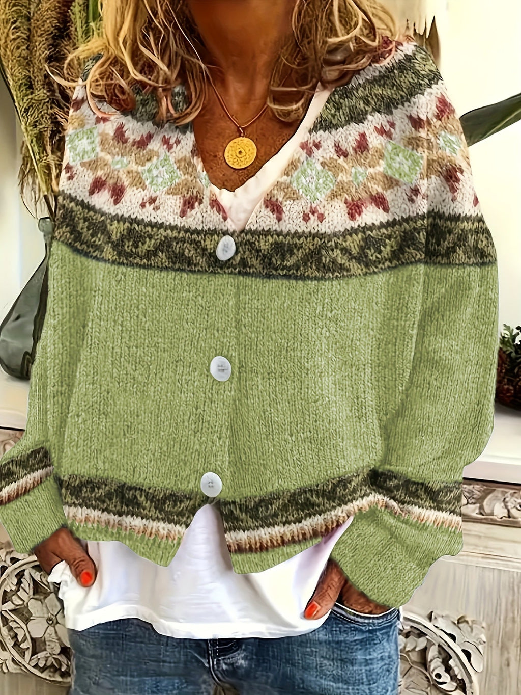 Women's Button-Up Cardigan with Retro Geometric Yoke
