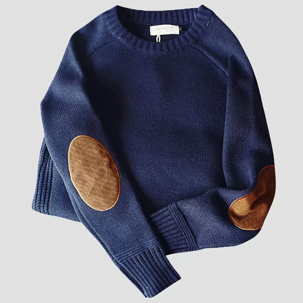 Men's Warm Crew Neck Jumper with Elbow Patches Knit