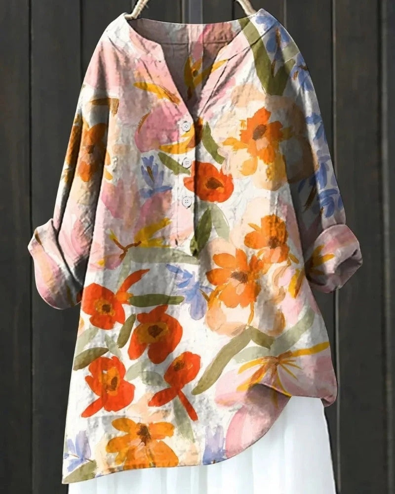 Women's Printed Patchwork Blouse – Relaxed Long-Sleeve Tunic