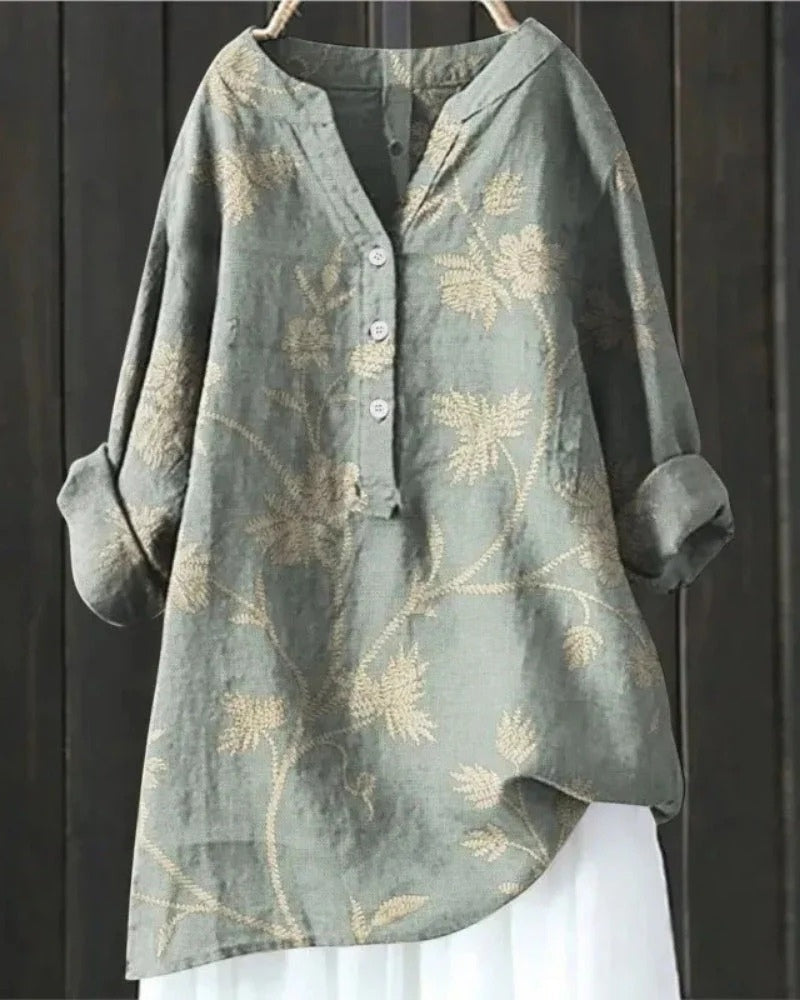 Women's Printed Patchwork Blouse – Relaxed Long-Sleeve Tunic