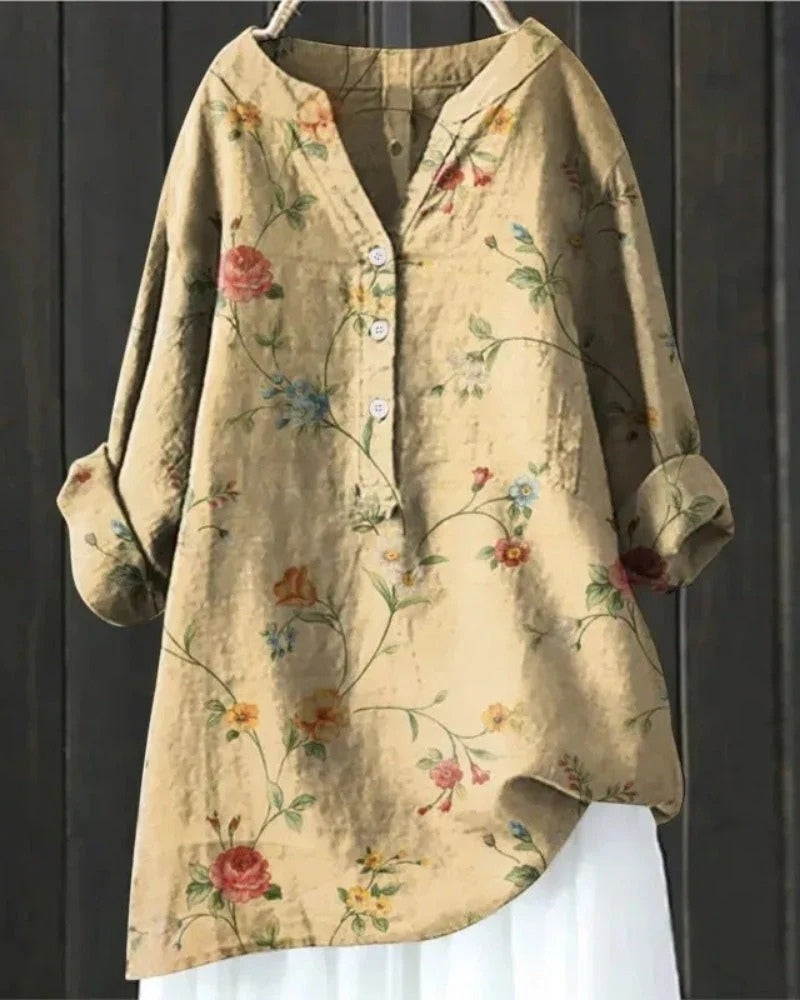 Women's Printed Patchwork Blouse – Relaxed Long-Sleeve Tunic