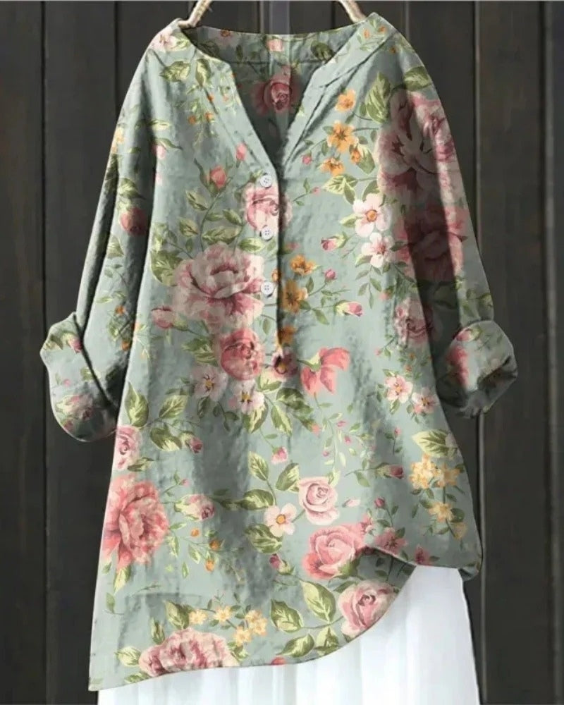 Women's Printed Patchwork Blouse – Relaxed Long-Sleeve Tunic