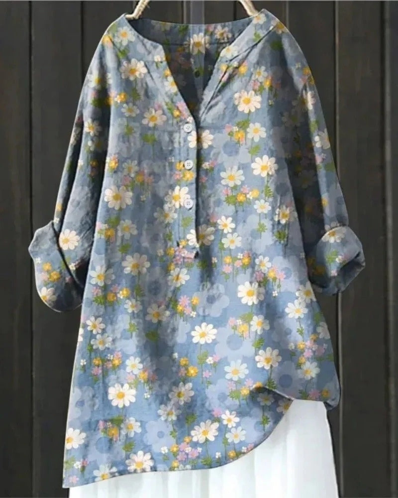 Women's Printed Patchwork Blouse – Relaxed Long-Sleeve Tunic