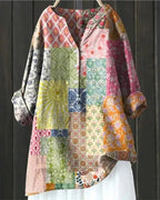 Women's Printed Patchwork Blouse – Relaxed Long-Sleeve Tunic