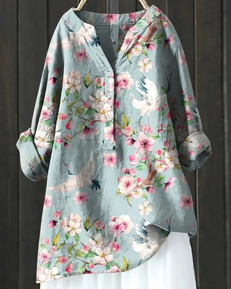 Women's Printed Patchwork Blouse – Relaxed Long-Sleeve Tunic