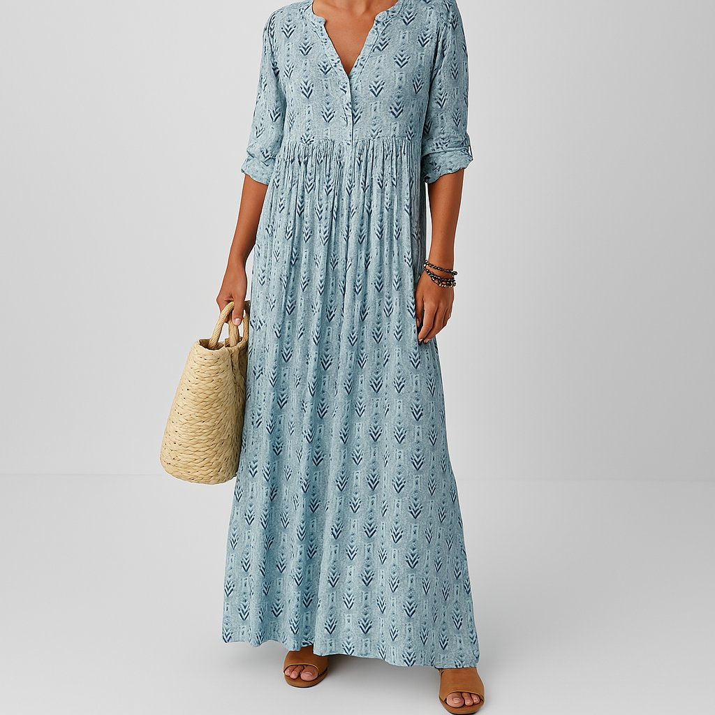 Women's Boho Maxi Dress V-Neck Long Sleeve Printed