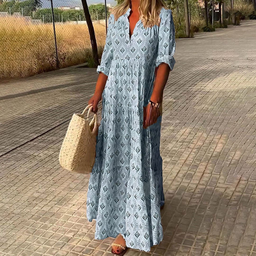 Women's Boho Maxi Dress V-Neck Long Sleeve Printed