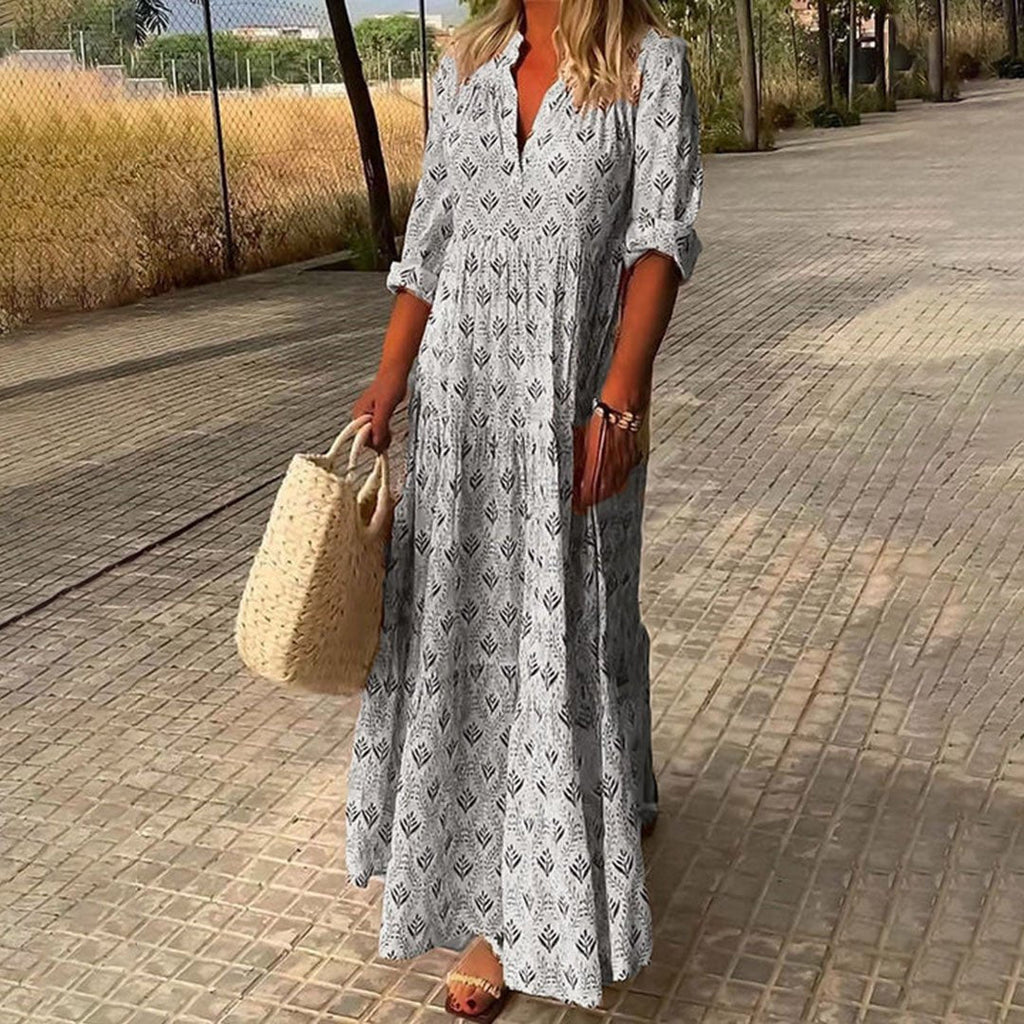 Women's Boho Maxi Dress V-Neck Long Sleeve Printed