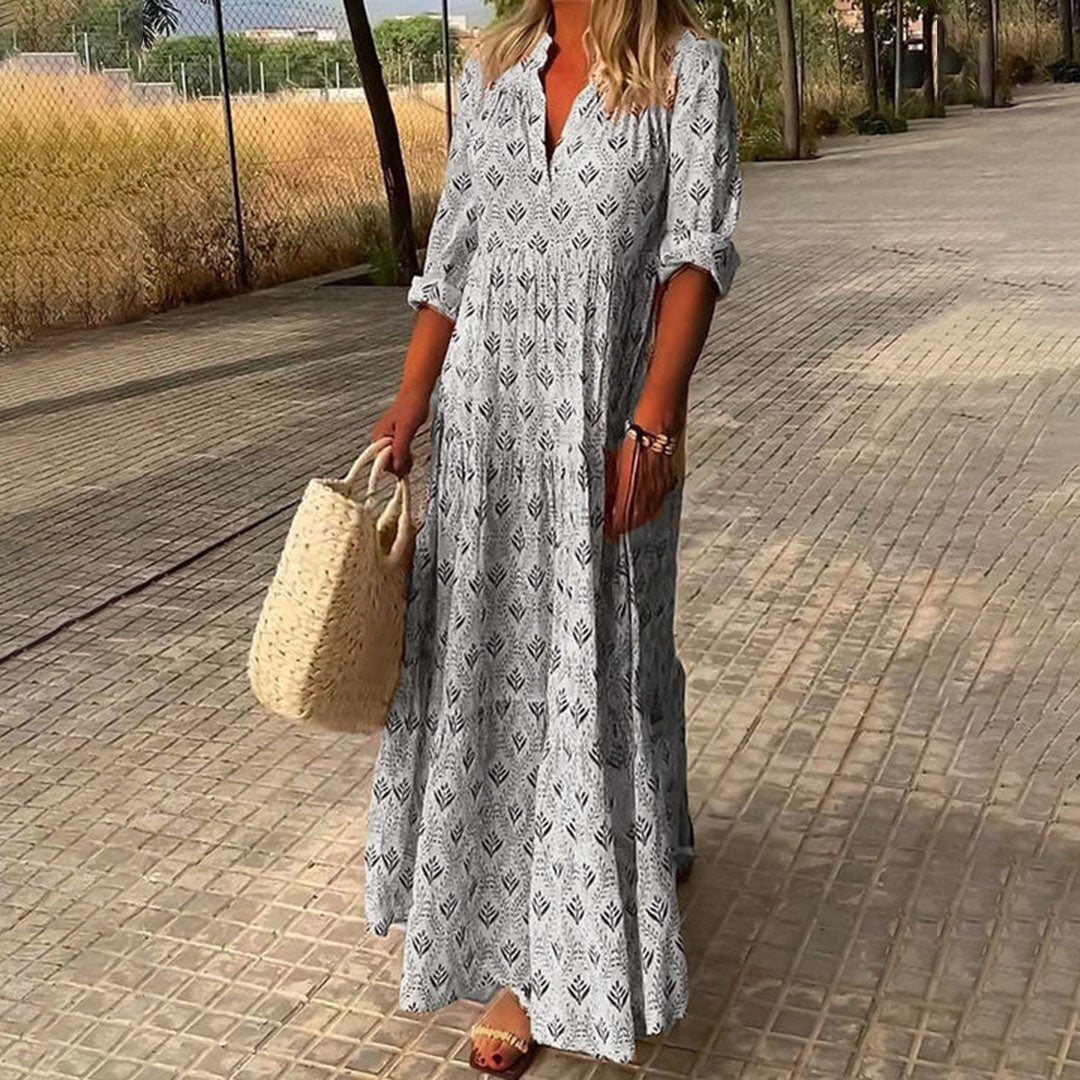 Women's Boho Maxi Dress V-Neck Long Sleeve Printed