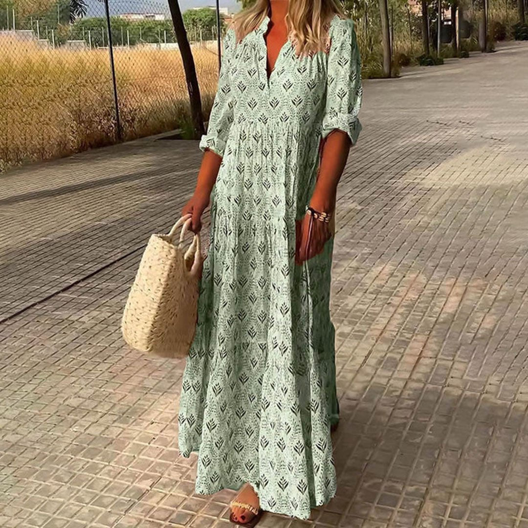 Women's Boho Maxi Dress V-Neck Long Sleeve Printed