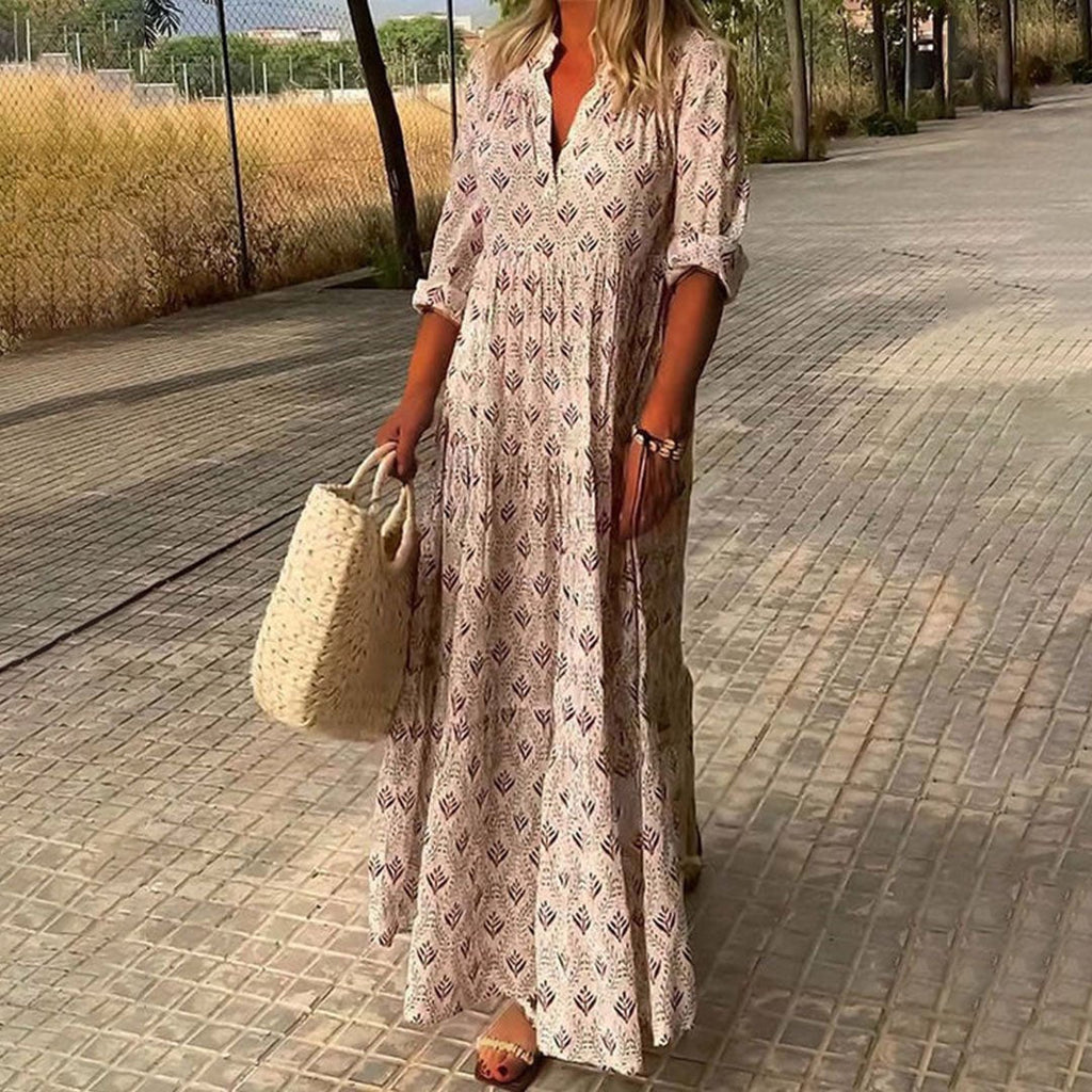 Women's Boho Maxi Dress V-Neck Long Sleeve Printed