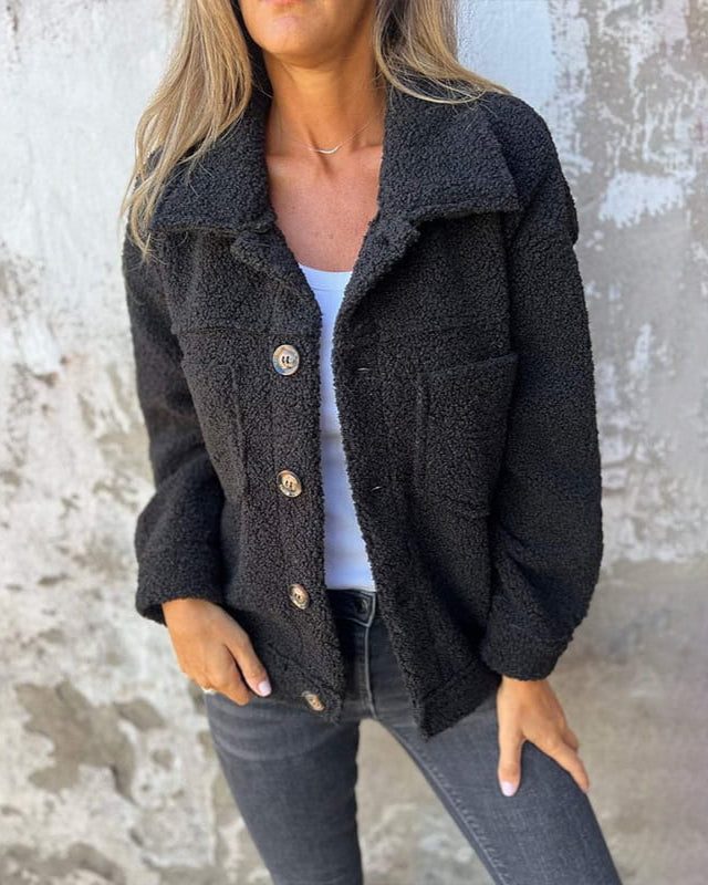 Women's Collared Quilted Overshirt Jacket with Two Chest Pockets - Black