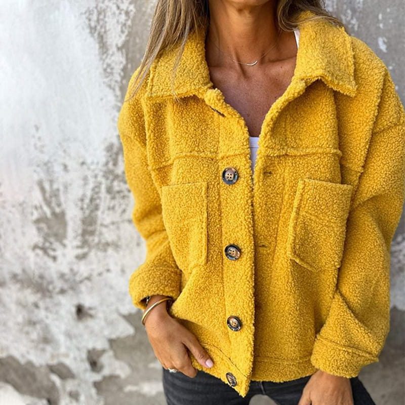 Women's Collared Quilted Overshirt Jacket with Two Chest Pockets - Yellow