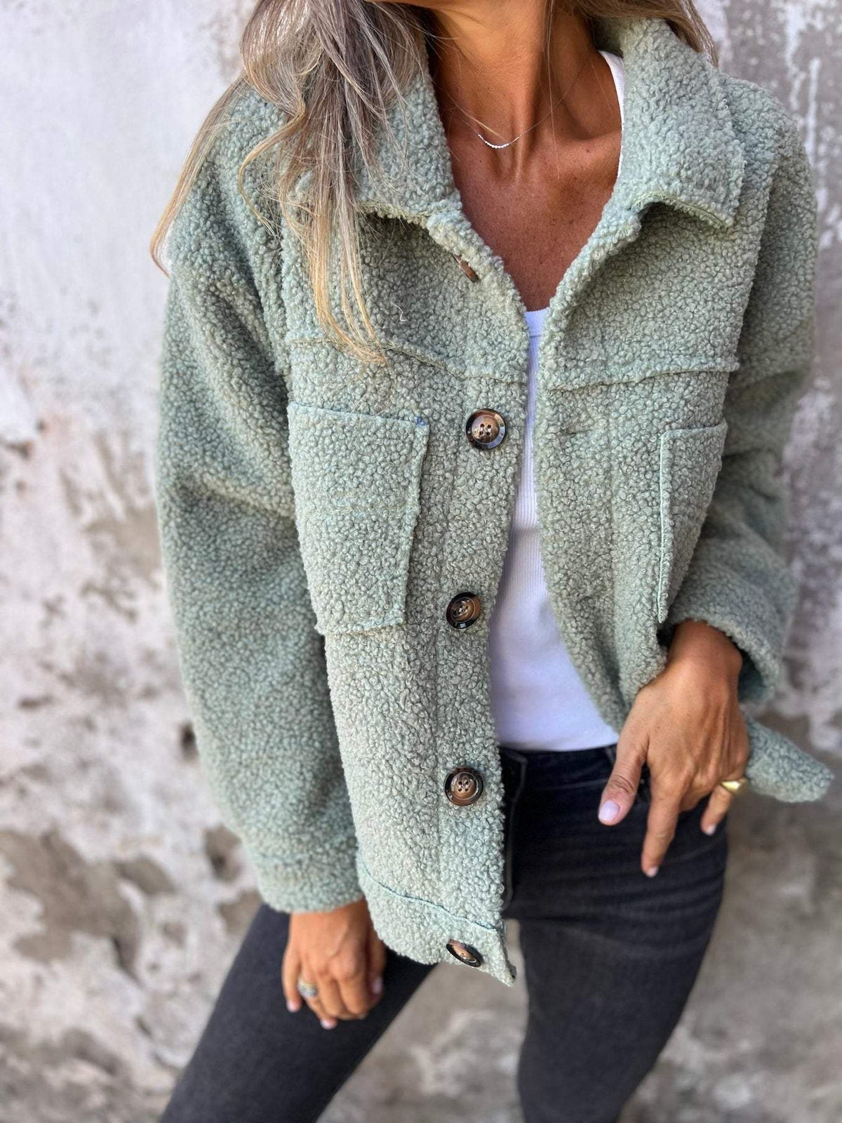 Women's Collared Quilted Overshirt Jacket with Two Chest Pockets - Green