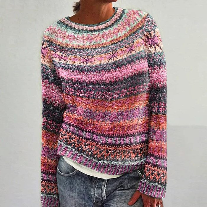 Women's Multicolor Fair Isle Crew Neck Knit Pullover - Pink