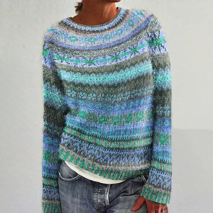 Women's Multicolor Fair Isle Crew Neck Knit Pullover - Blue