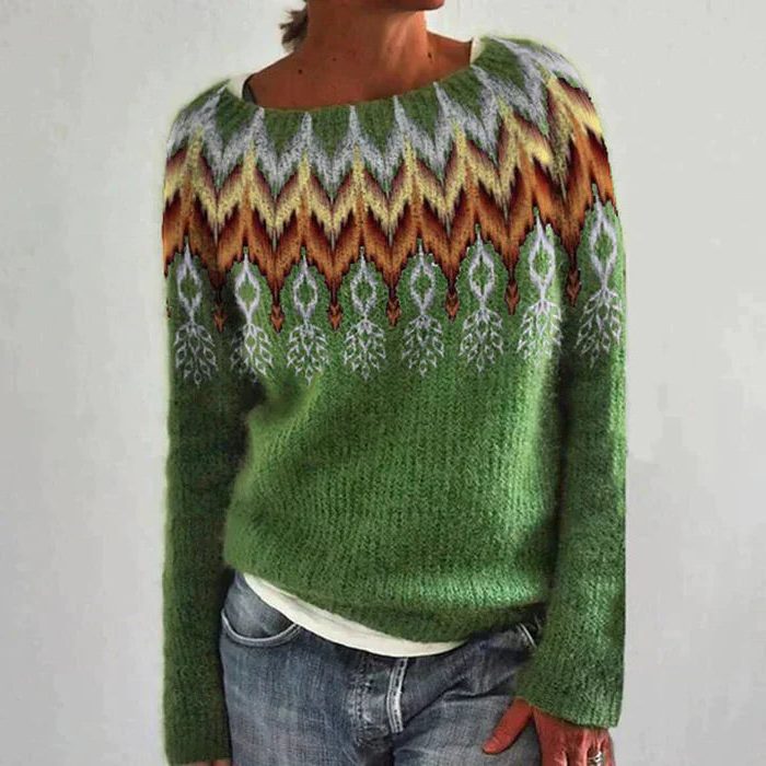 Women's Multicolor Fair Isle Crew Neck Knit Pullover - Light Green