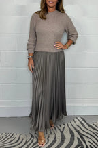 Women's Knit Sweater Midi Dress with Pleated Skirt