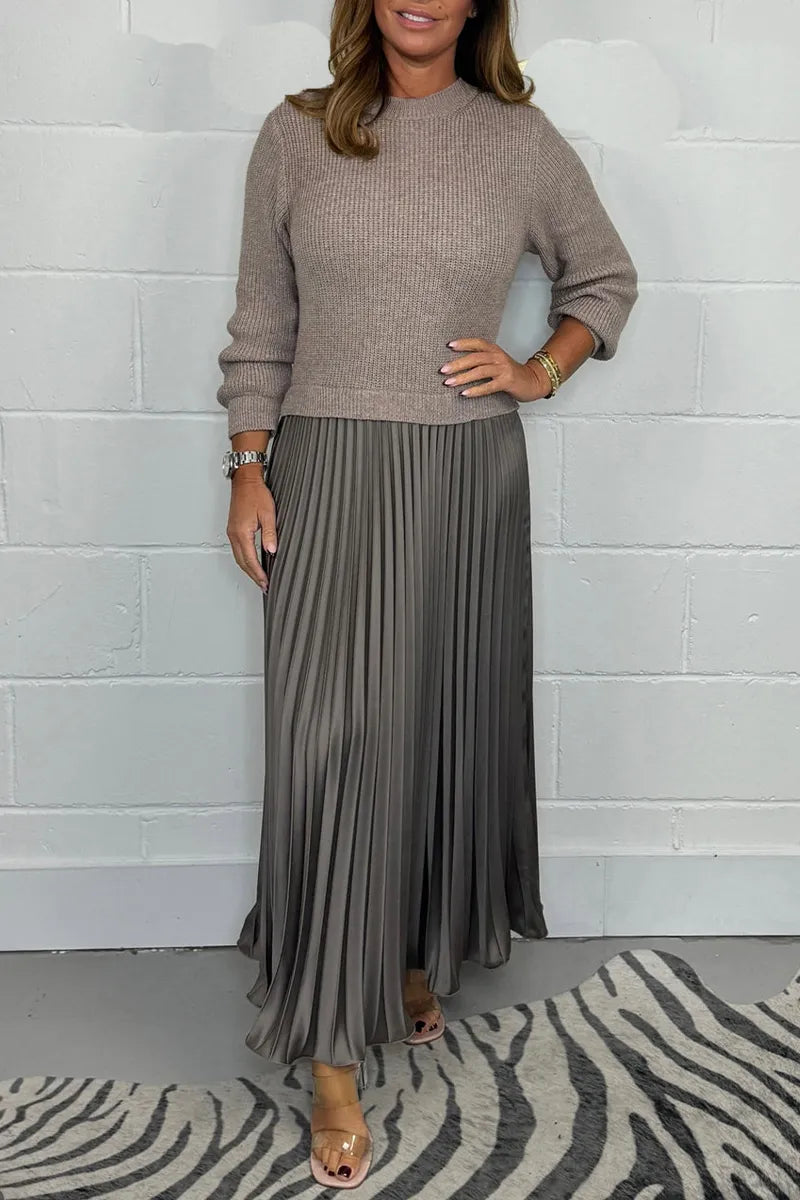 Women's Knit Sweater Midi Dress with Pleated Skirt