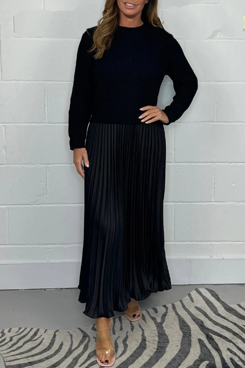 Women's Knit Sweater Midi Dress with Pleated Skirt