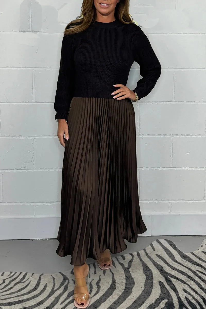 Women's Knit Sweater Midi Dress with Pleated Skirt