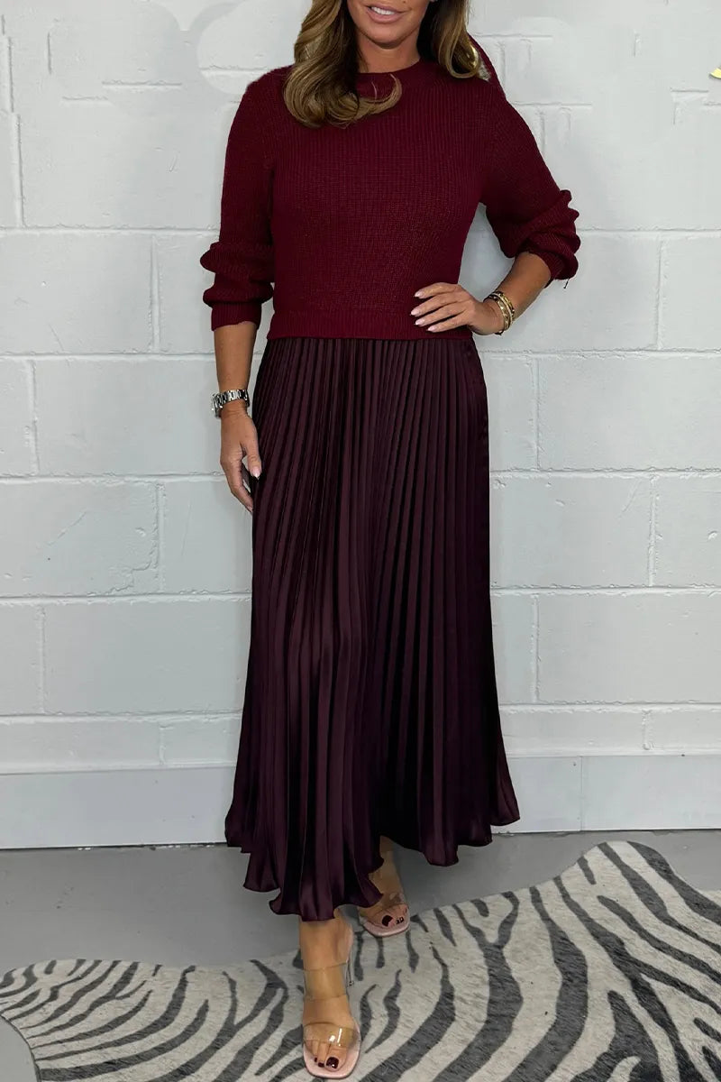 Women's Knit Sweater Midi Dress with Pleated Skirt