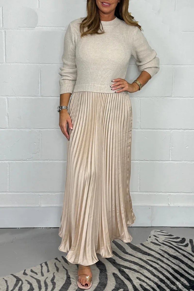 Women's Knit Sweater Midi Dress with Pleated Skirt