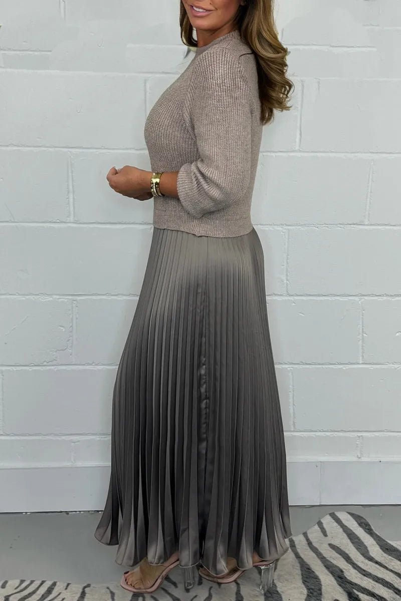 Women's Knit Sweater Midi Dress with Pleated Skirt