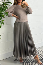 Women's Knit Sweater Midi Dress with Pleated Skirt
