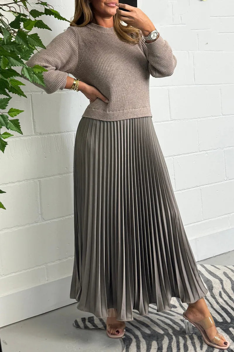 Women's Knit Sweater Midi Dress with Pleated Skirt