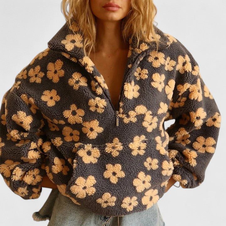 Women's Warm-Tone Floral Brushed Fleece Sweater - Yellow
