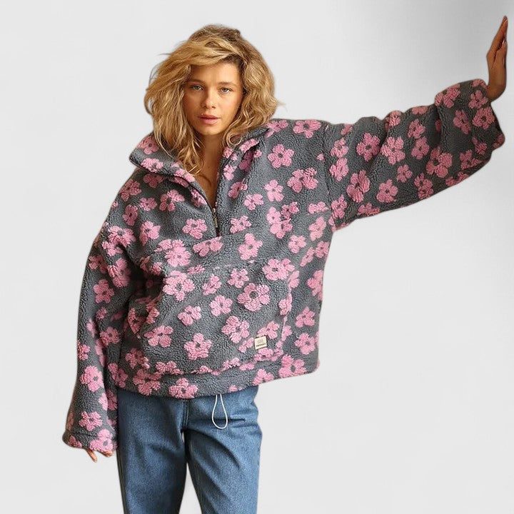 Women's Warm-Tone Floral Brushed Fleece Sweater - Pink