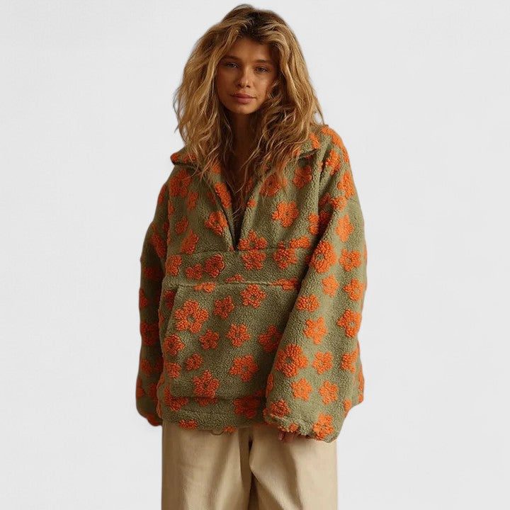 Women's Warm-Tone Floral Brushed Fleece Sweater - Orange