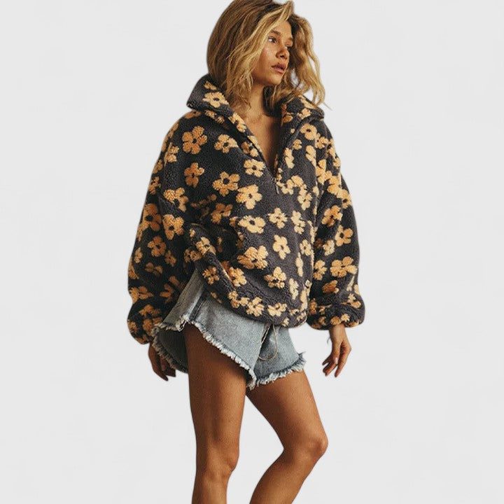 Women's Warm-Tone Floral Brushed Fleece Sweater
