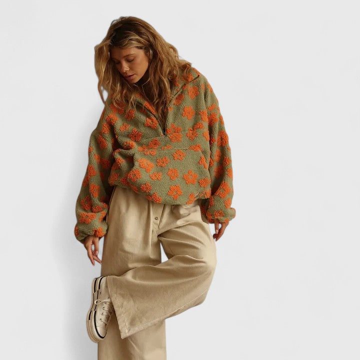 Women's Warm-Tone Floral Brushed Fleece Sweater
