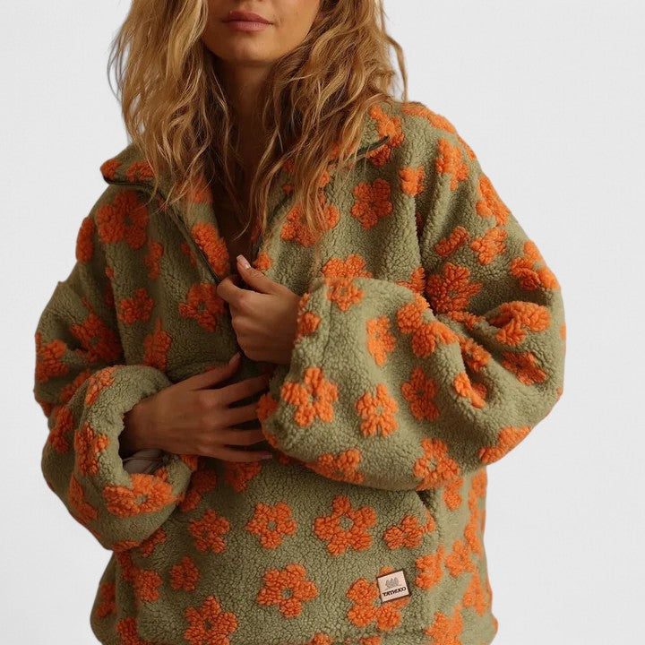 Women's Warm-Tone Floral Brushed Fleece Sweater