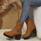 Women's Block Heel Ankle Boot with Buckle Straps