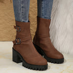 Women's Block Heel Ankle Boot with Buckle Straps