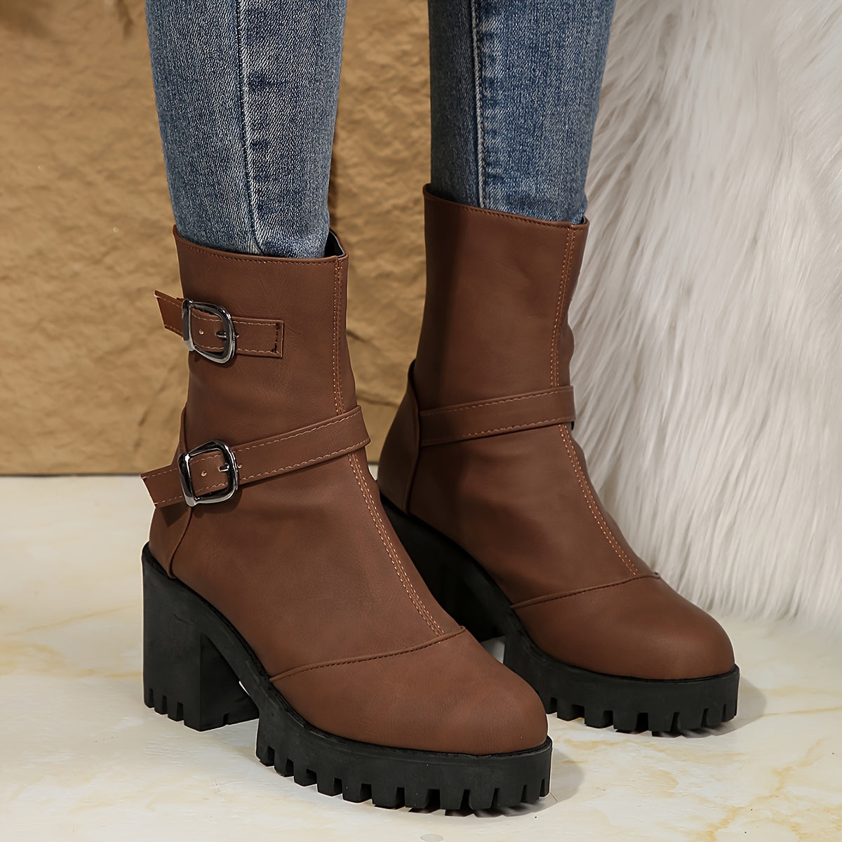 Women's Block Heel Ankle Boot with Buckle Straps