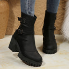 Women's Block Heel Ankle Boot with Buckle Straps