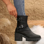 Women's Block Heel Ankle Boot with Buckle Straps