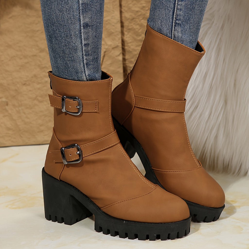 Women's Block Heel Ankle Boot with Buckle Straps