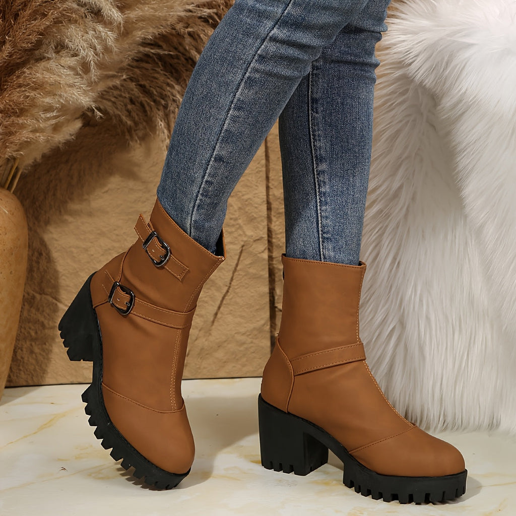 Women's Block Heel Ankle Boot with Buckle Straps