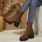 Women's Block Heel Ankle Boot with Buckle Straps